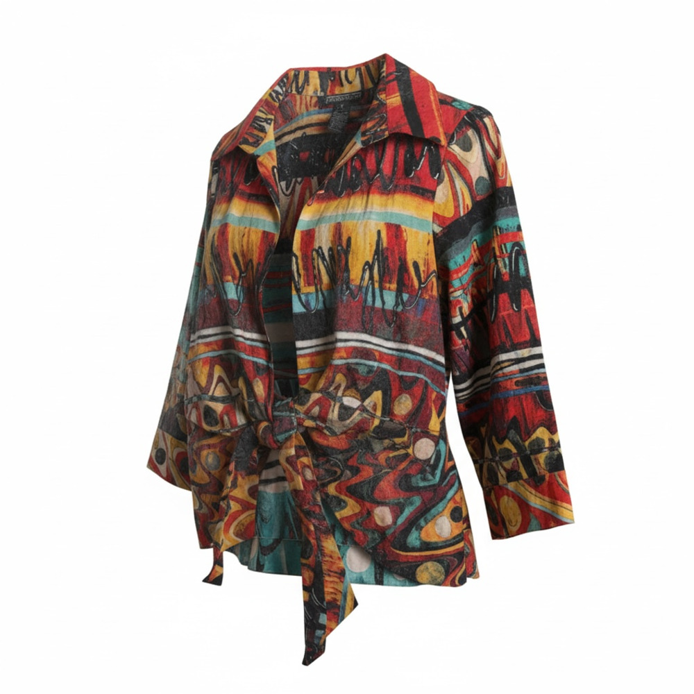 Mishca Abstract Art To Wear Tie-Front Cotton Blouse Size M Artsy Eclectic
